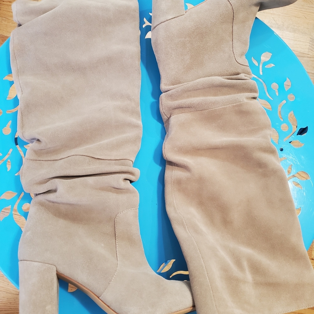 Suede Knee High Heeled Beige Winter Autumn Boots